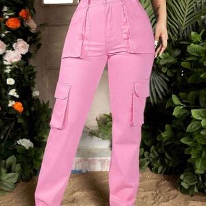 Vibrant Pink High-Waisted Cargo Trousers